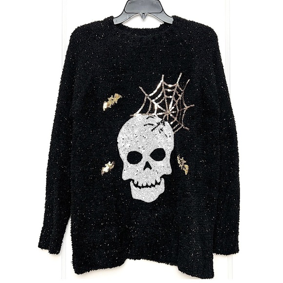 NWT Halloween Sequin Skull Spiderweb Bat Sparkle Chenille Oversized Sweater M - Picture 1 of 4